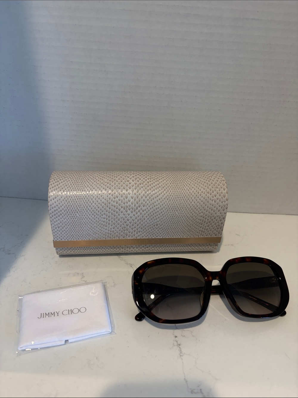 Jimmy Choo Tortoiseshell Square Sunglasses with Cream Case